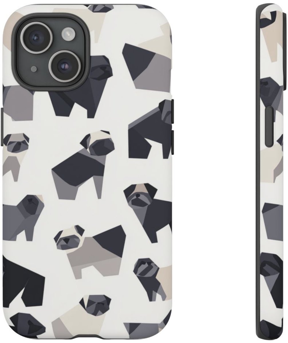 Minimalistisch Geometrisch Mopshondenpatroon – Telefoonhoesje Geschikt voor iPhone 15