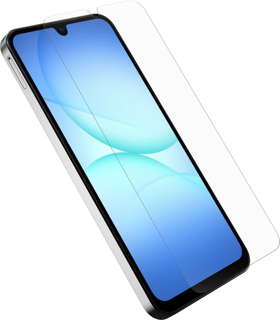 Glazen screenprotector op een smartphone met blauw scherm.