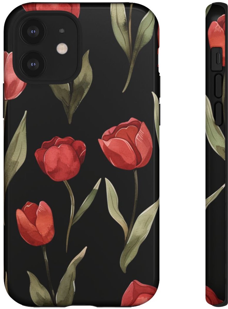 Rode Tulp Bloemenpatroon – Telefoonhoesje Geschikt voor iPhone 12