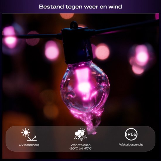 Eén ronde lamp van een lichtsnoer met roze licht en waterdruppels, bestendig tegen weer.