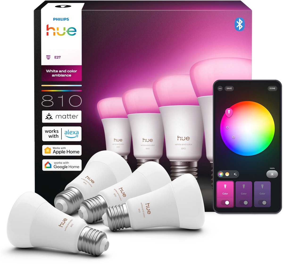 Philips Hue Slimme LED A60 lamp, Wit en Gekleurd Licht, E27 Fitting, 4-pack