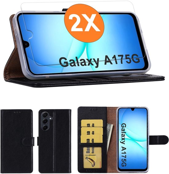 Étui de téléphone noir en cuir avec porte-cartes et cartes pour le Galaxy A17 5G.