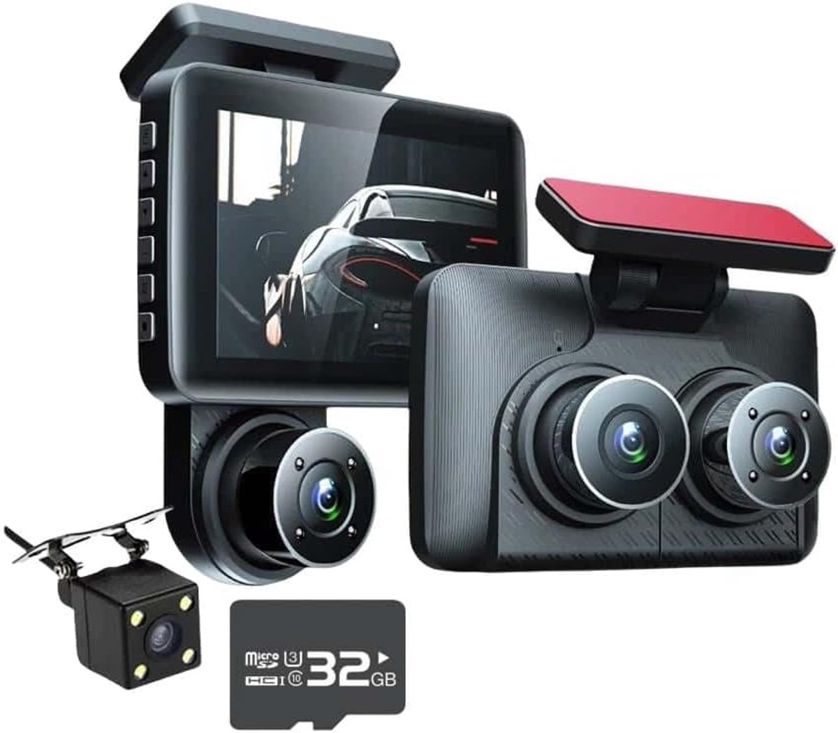3-kanaals FHD 1080p dashcam, 3 lenzen, 3-weg videorecorder, 32 GB