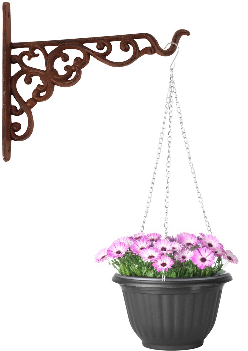 Hangpot + Muurhaak Rimini - antraciet - D20 cm - kunststof - metaal - tuinaccessoires