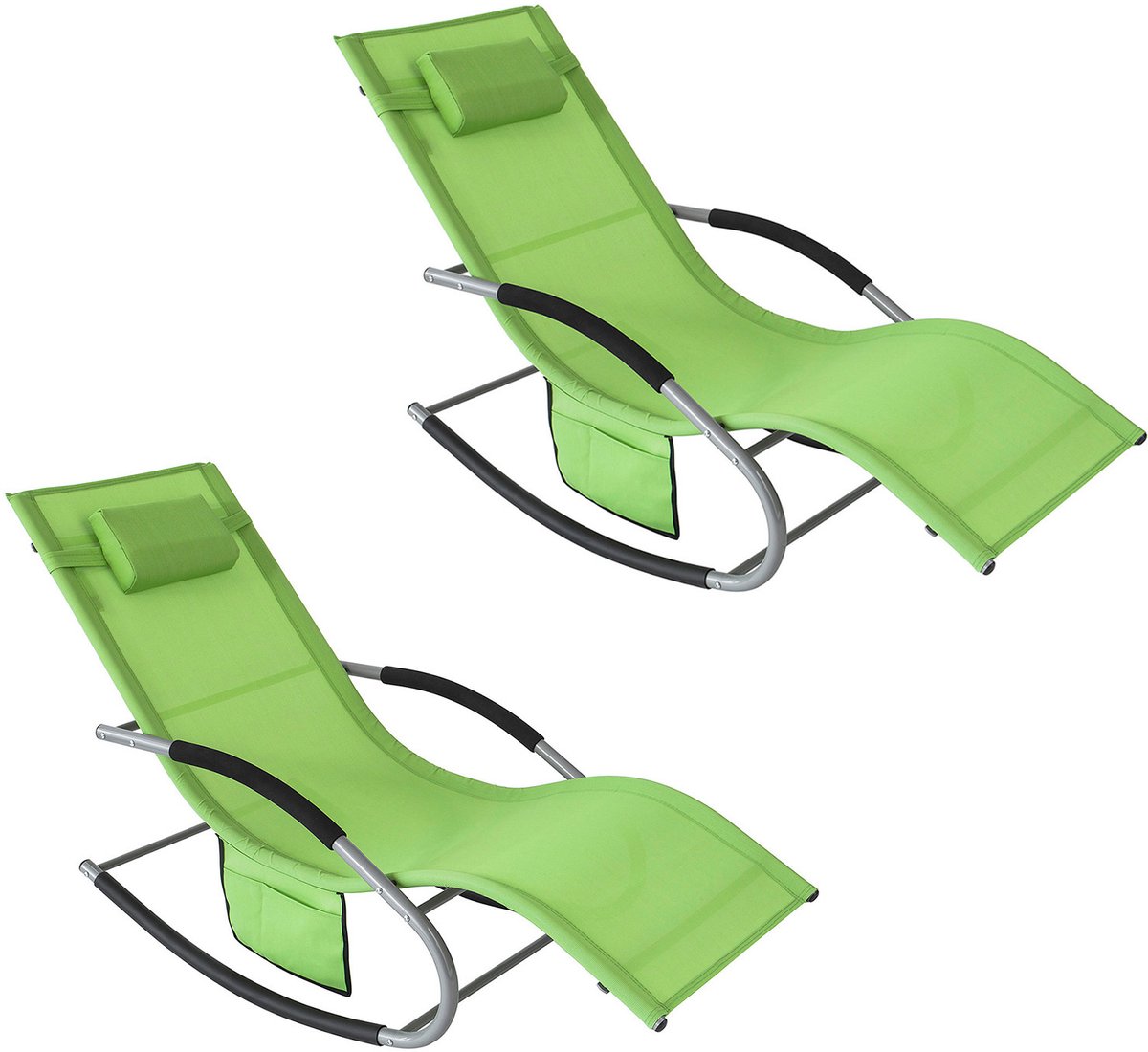 SoBuy Set van 2 Ligstoelen, Tuinstoelen, Schommelstoel met Verstelbare Hoofdsteun, Opbergzak - Voor Tuin, Balkon, Strand, Buiten, Groen, OGS28-GRx2