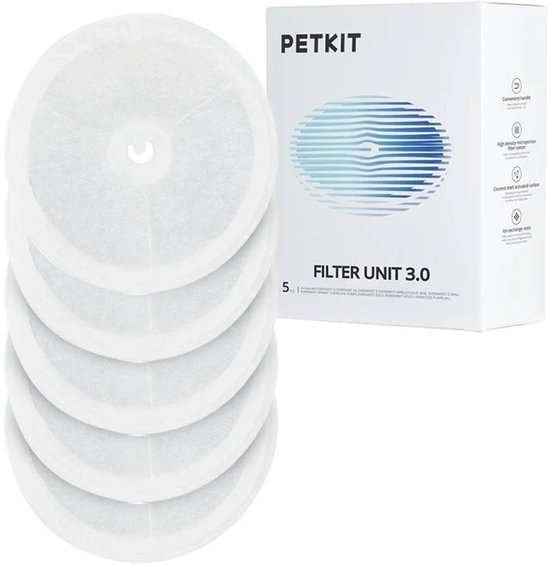 PETKIT doos met 'FILTER UNIT 3.0' en vijf witte, ronde filters met centraal gat.