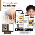 Telefoonschermen met schaakcursus-app, e-reader, en schaakstukken. "CheckMate Academy".