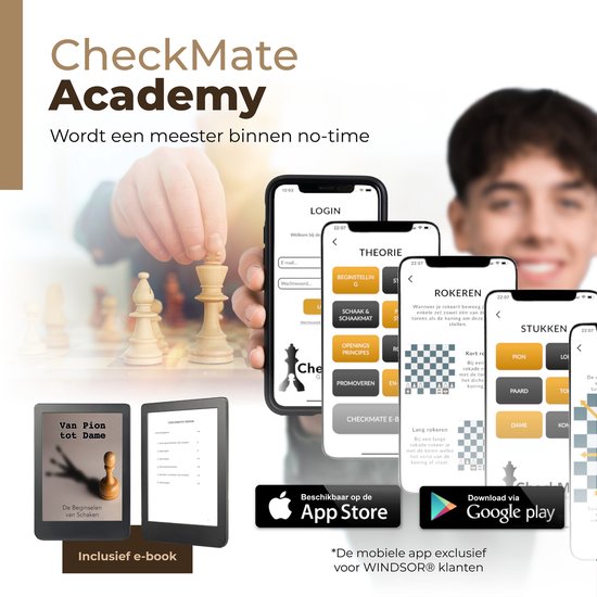 Telefoonschermen met schaakcursus-app, e-reader, en schaakstukken. "CheckMate Academy".
