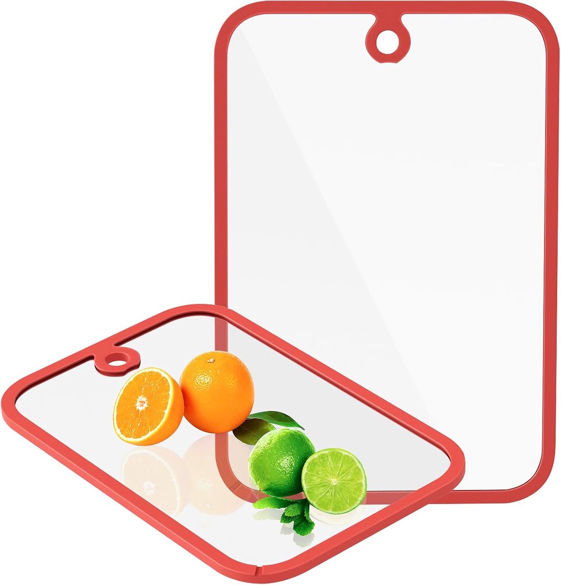 Snijplank, glazen snijplanken voor de keuken, set van 2 snijplanken met antislipranden en ophangoog, vaatwasserbestendige, transparante snijplank voor op het aanrecht, bij het bereiden van maaltijden en serveren.