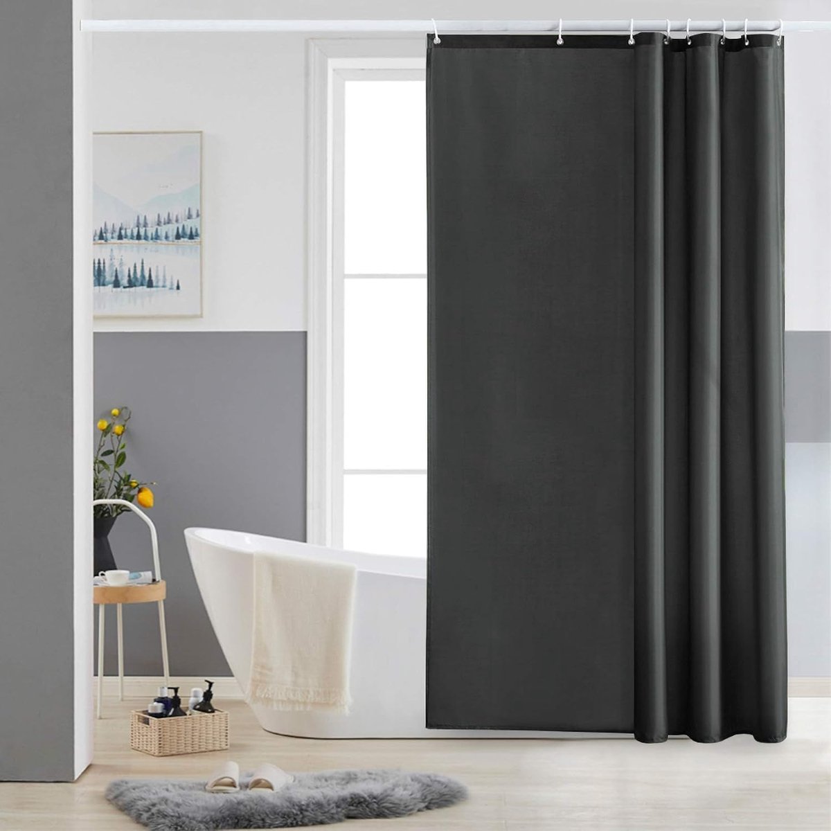 Douchegordijn Donkergrijs 120x200 cm – Waterdicht & Wasbaar Polyester – Anti-Schimmel Textiel Douchegordijn met 8 Haken – Badkamer & Badkuip Gordijn