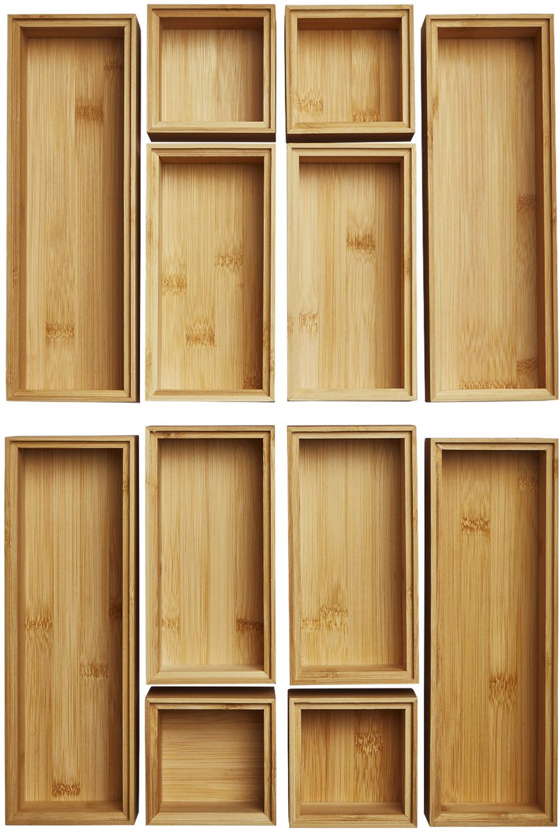 ORGA-BOX BAMBOO opbergbox 12-delige set (geolied, 3 maten 85/171/257 x 85 x 50 mm) stapelbaar organiser voor keukenladen badkamer en kantoor