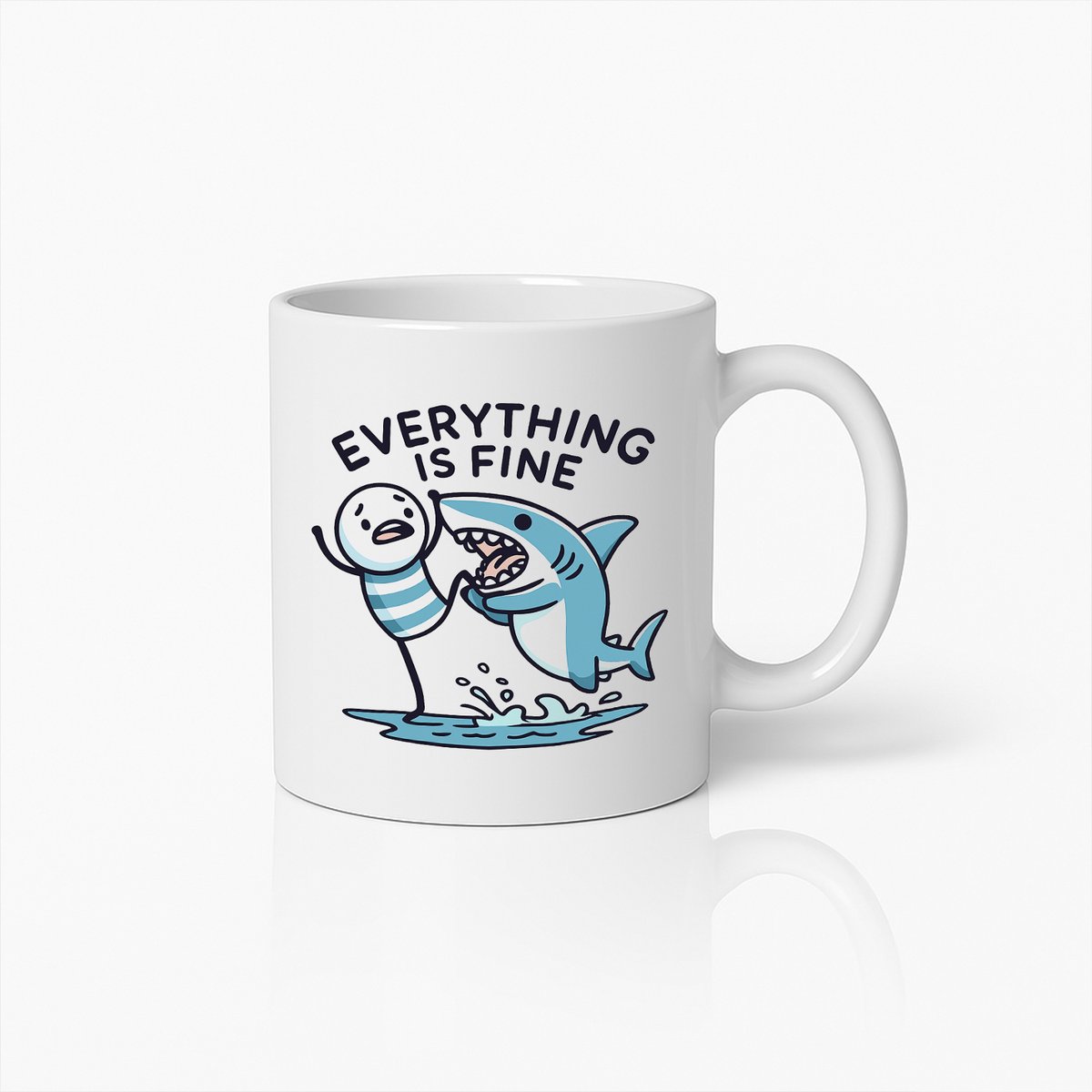 Everything Is Fine Haai Mok – Grappige Cartoon Koffiebeker voor Humorliefhebbers