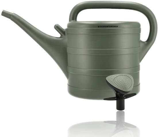 Grijze kunststof gieter van 10 liter met maatstrepen en een losse sproeikop ernaast.