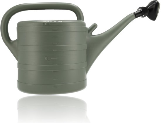 Grijze kunststof gieter van 10 liter met maatstrepen en een zwarte sproeikop.