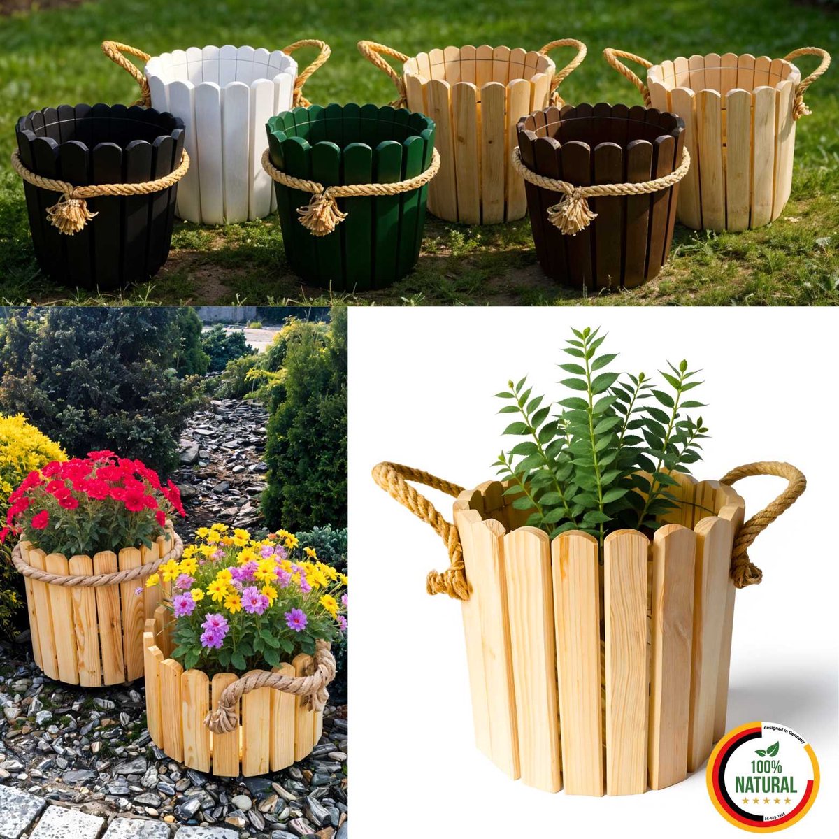 Floranica ronde bloempot 30 x 33 cm van grenenhout, plantenpot, bloembak, kruidenpot voor huis en tuin, voor binnen- en buitengebruik, naturel
