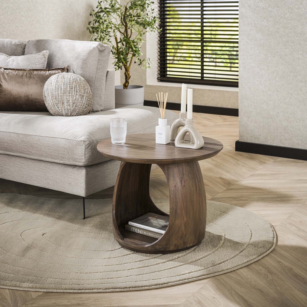 PS-Collection Bijzettafel M Flow Solid - Acaciahout - Bruin - Ø60xH46 cm - bijzettafels, bijzettafel rond, bijzettafel vierkant, bijzettafel industrieel, bijzettafel zwart, bijzet tafel, bijzettafeltjes woonkamer, bijzettafels hout