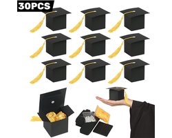 30 stuks – Afstudeer snoepdoosjes in vorm van afstudeerhoed – Zwart met gouden kwastje – 6 x 6 cm – Cadeaudoosjes voor afstuderen, diploma-uitreiking of feest – Decoratieve traktatiedoosjes – Geschikt voor snoep, kleine cadeautjes