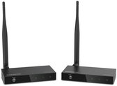 Zwart HDMI transmitter en receiver met antennes en reset-knoppen.