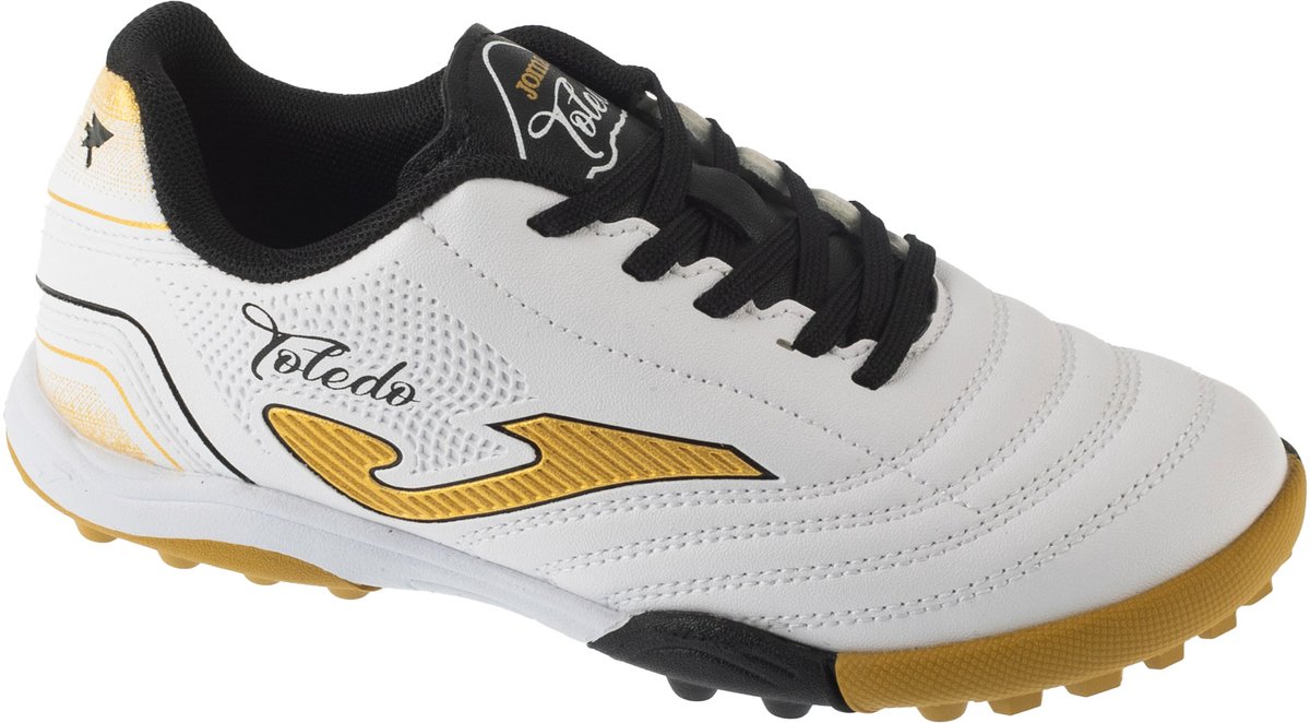 Witte Joma Toledo Jr 25 TOJW TF voetbalschoen voor jongens, maat 28, met zwarte en gouden accenten.