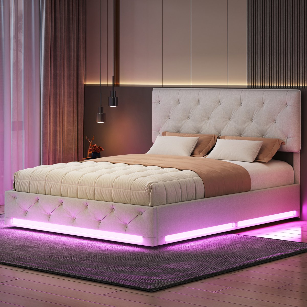 Gestoffeerd bed 160x200 cm met LED, tweepersoons hydraulisch opbergbed met lattenbodem en hoofdeinde, bedframe voor volwassenen en tieners, zonder matras, linnen beige