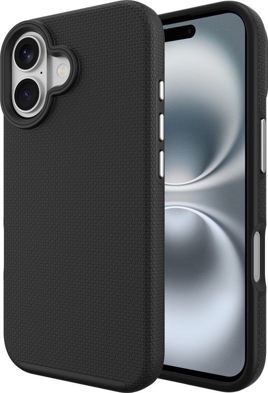 Zwarte Cazy iPhone 17 Armor Case met getextureerde achterkant en verhoogde randen.