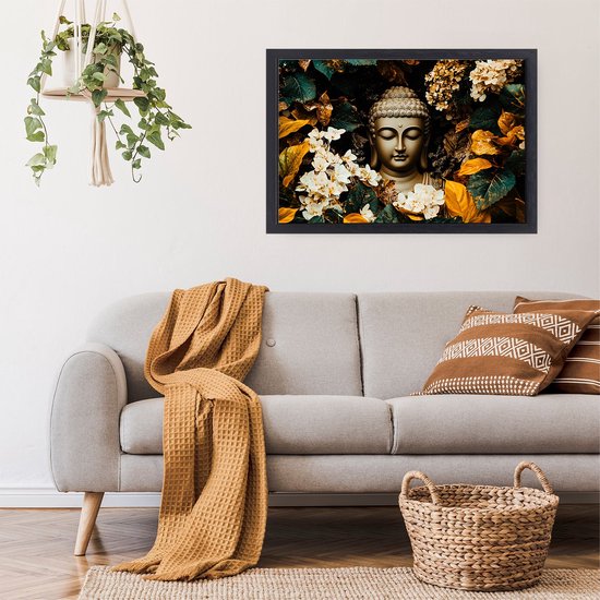 Bouddha avec décoration florale - Peintures sur toile Bouddha - Décoration murale sur toile religion - Mouvement artistique réalisme - Art sur toile encadrée - Accessoires de maison - Toile avec châssis flottant 70x50 cm