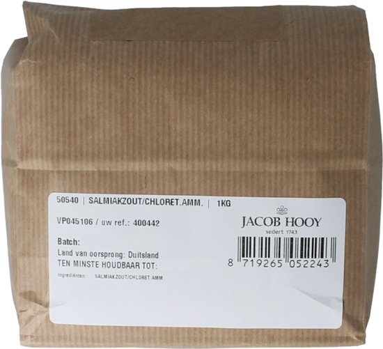 Bruine papieren zak van 1kg Jacob Hooy Salmiakzout met wit productlabel.