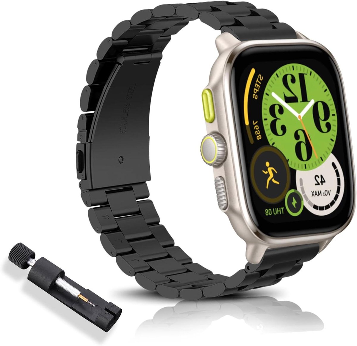 Allecto Plus - Reservearmband 20mm voor smartwatch - Zwart - Compatibel met Amazfit - GTS 4, GTS 4 Mini, GTS 3, GTS 2 Mini - Roestvrij Staal - Polijst - Horlogeband met 2 zoekwoorden elk