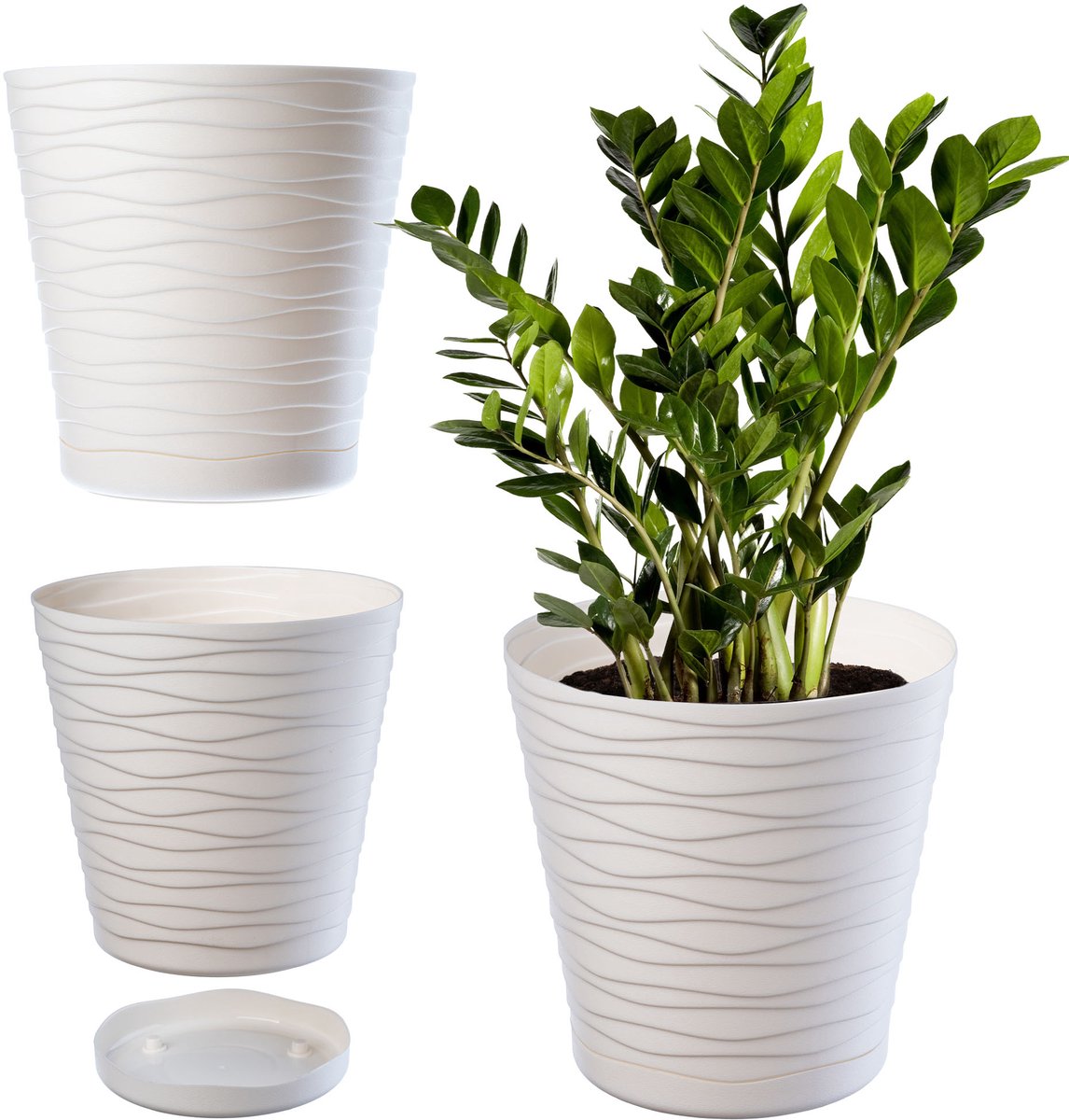 Kadax bloempot met onderzetter, voor binnen, lichte bloempot van hoogwaardig kunststof, ronde bloempot voor bloemen, planten, huis