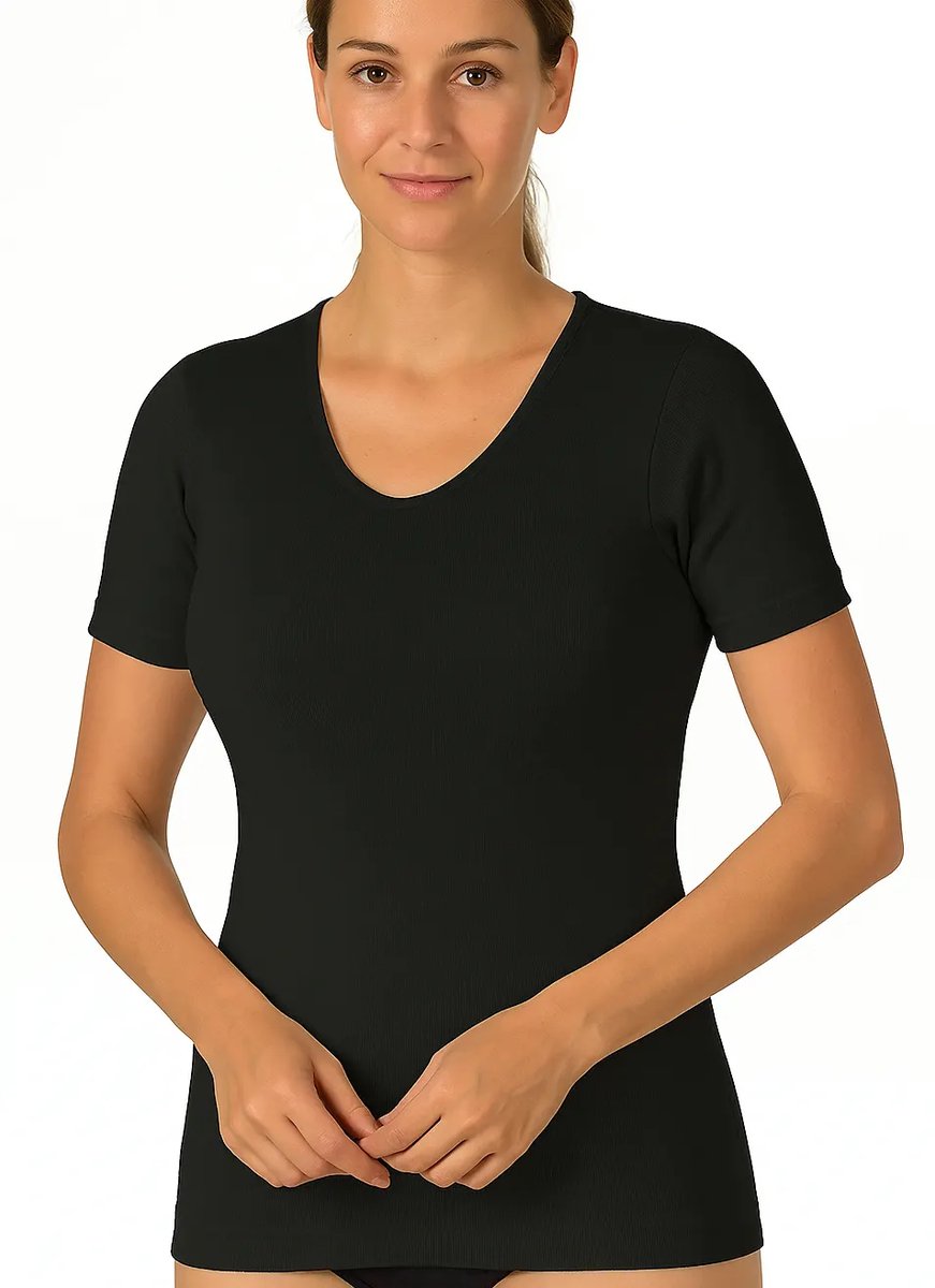 Entex dames thermo T-shirt korte mouw - Diepe ronde hals - Warm Wollen ondershirt - maat M - Zwart