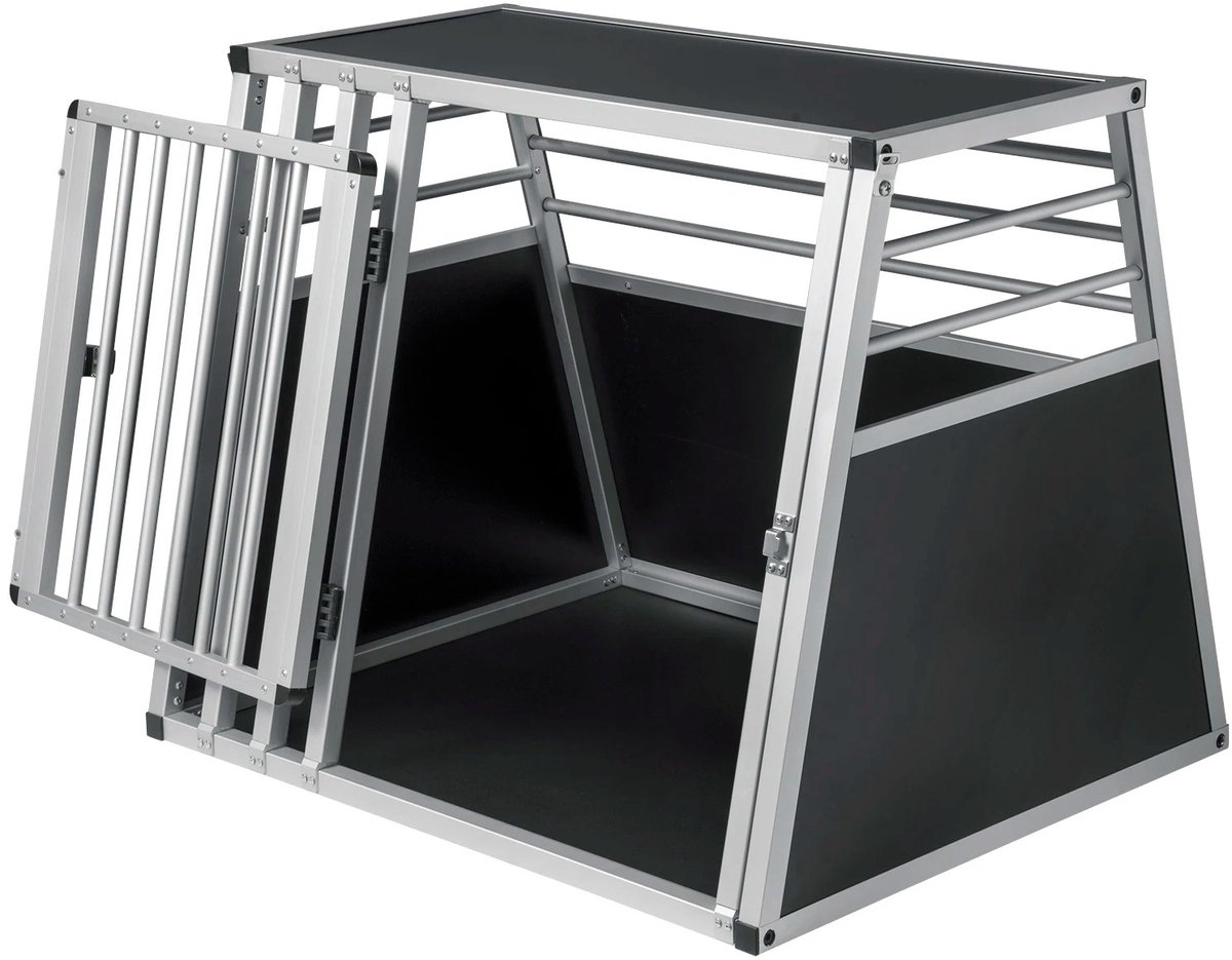 Hondenbench – Aluminium transportkooi – Autokooi voor honden – Huisdierenkooi – Hondenreismand – Draagbare bench – Trapeziumvormige hondenkooi – Hondenkooi auto – Zwarte hondenbench – Ademend – Stevig – Met MDF – Maat M – Voor binnen en buiten