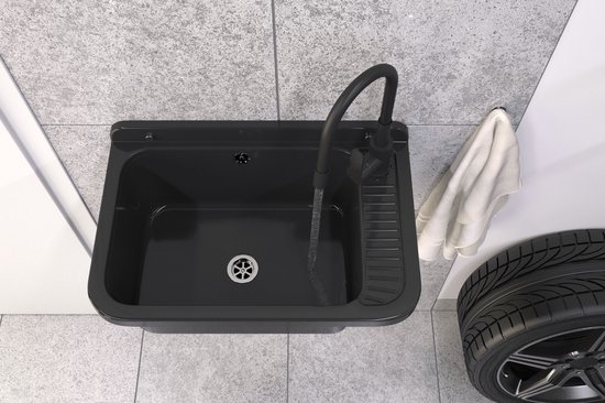 Granitan Gootsteen voor garage, kelder, werkplaats en waskeuken, universele wastafel met sifon, wastafel, wandmontage, 50 x 34 x 31 cm, wit wastafelarmatuur FLEX