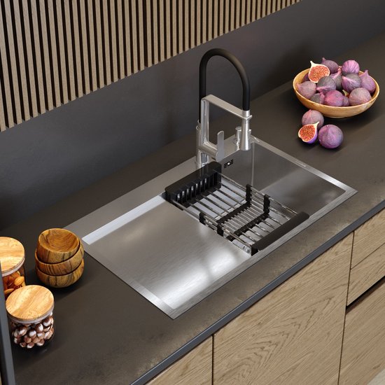 Auralum MAX Aanrecht 1 Bak RVS Brosse75*45*19CM-Spoelbak Met Opvouwbare Afdruiprek Keukenkraan Warm Koud Water Messing Chroom