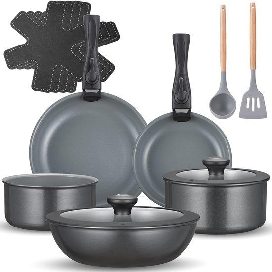 Batterie De Cuisine 17 Pièces Antiadhésive Céramique - Poêles Et Casseroles, Poignées Amovibles, Compatible Induction