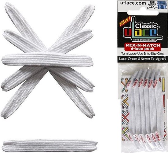 Een 6-pack witte U-Lace veters, verpakt naast een kaart met patronen en het U-Lace logo.