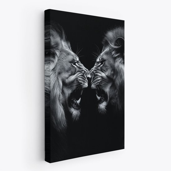 FineArtia - Deux lions rugissants - Peinture sur toile - 60 x 90 cm - Décoration de salon - Blauw; Zwart - Peinture de chambre - Décoration murale