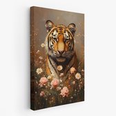 FineArtia - Majestueuze tijger tussen bloemen - Canvas Schilderij - 60 x 90 cm - Woonkamer Decoratie - Bruin;Oranje - Slaapkamer Schilderij - Wanddecoratie