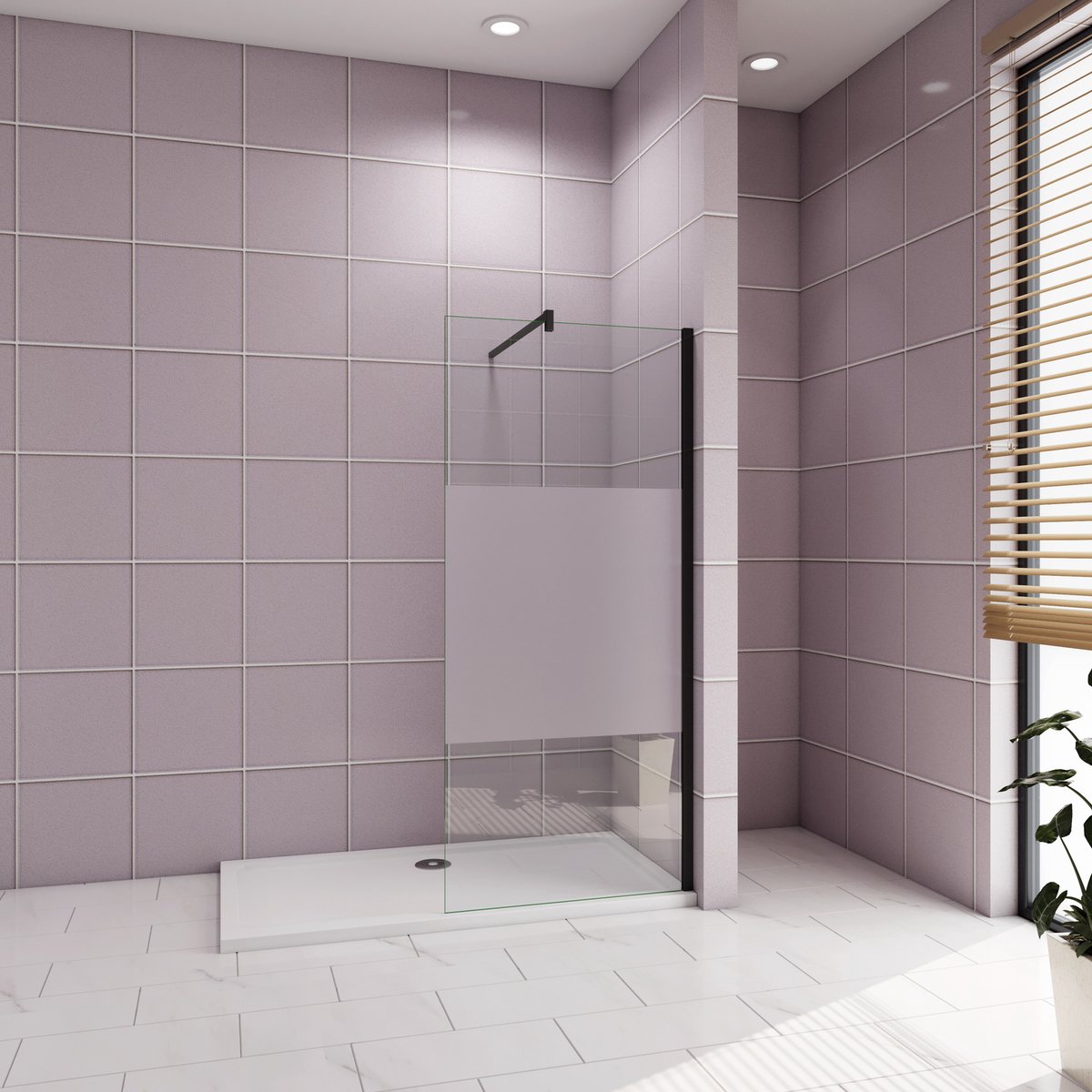 Inloopdouche-douchewand-walk in 80x200 cm,10mm midden wit gematteerd gehard glas met explosieveilige folie+F-vorm: 140 Stabilisatiestang,mat zwart aluminium profiel.