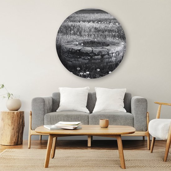 Vieux puits en pierre dans un champ - Peinture puits rond - Objet mural autour de l'architecture - Réalisme - Cercle mural Forex - Décoration murale minimaliste - Cercle mural Forex 40x40 cm