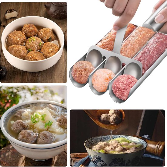 RVS Drievoudige gehaktballenmaker - Gereedschap voor het maken van gehaktballen - Lepel met snijgedeelte - Set mallen voor het maken van gehaktballen - Gereedschap voor thuis koken - DIY snel gehaktballen koken - Zilver van Merkloos — afbeelding 4