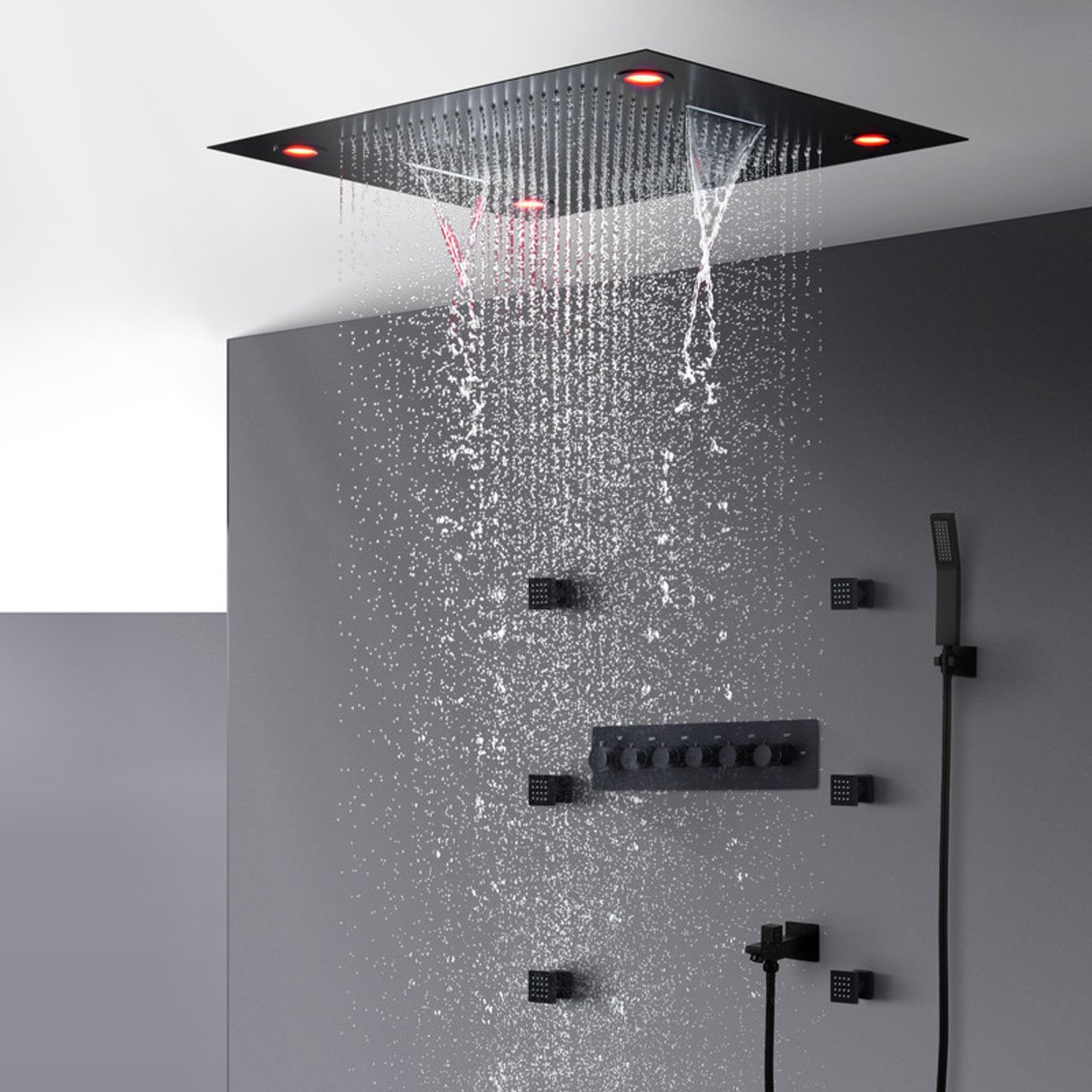 Oihpaw douchesysteem 5 functies RGB thermostaat, 12 LED-lichtkleuren, 600 x 800 mm, regenfunctie, watergordijn, massagewaterval, handdouche