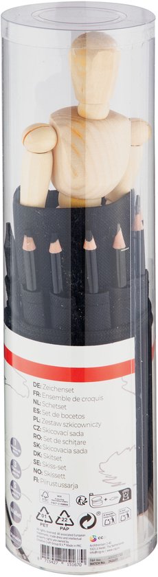 Houten modelpop in een transparante verpakking met schetspotloden.