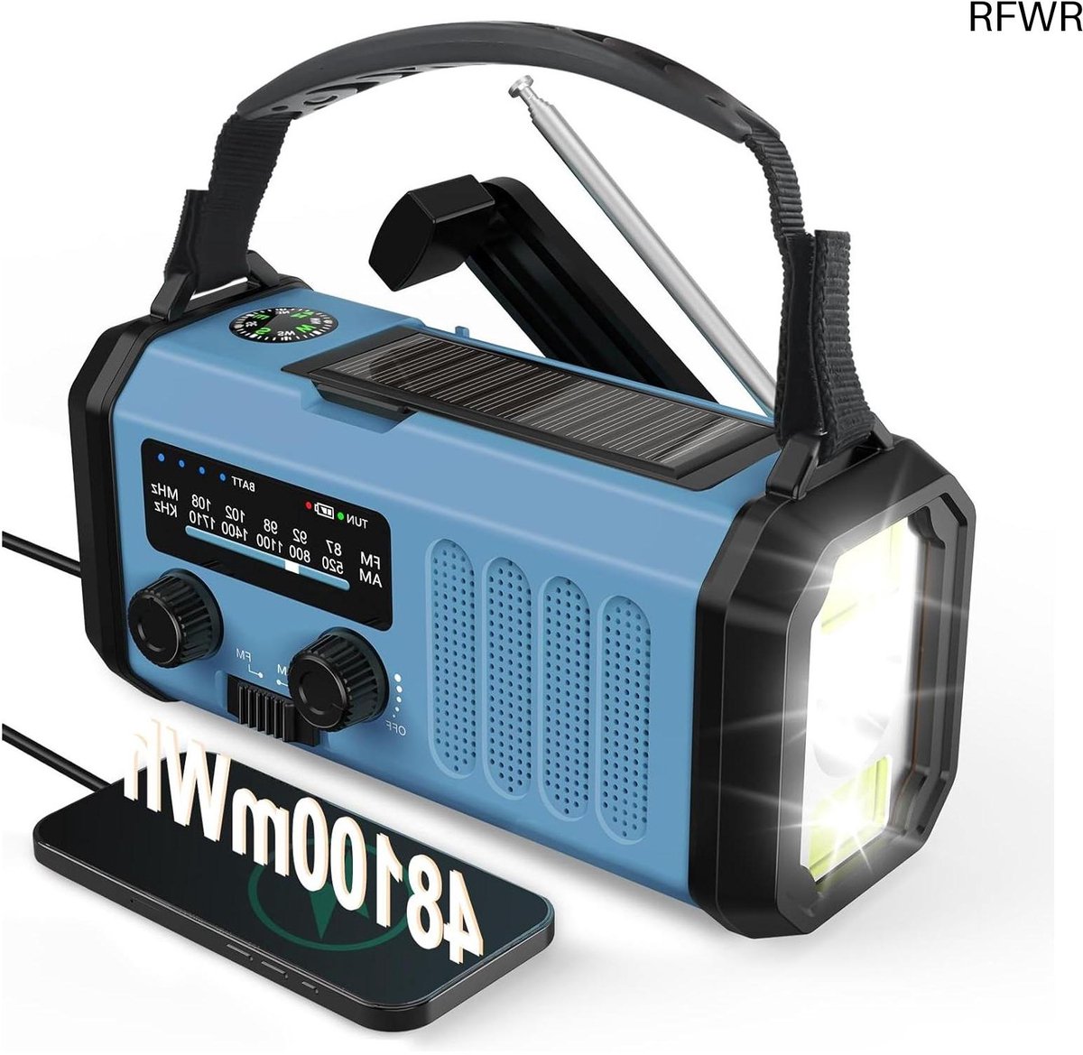 RFWR® Noodradio met Dynamo en Zonne-energie - Draagbare AM FM Radio voor Noodgevallen met Telefoonoplader, Zaklamp & SOS Alarm
