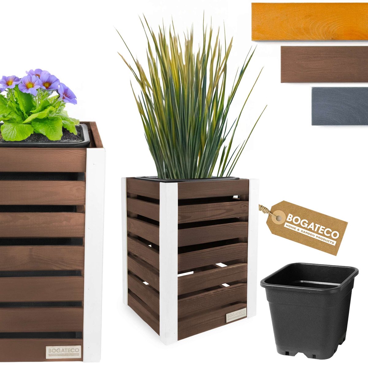 BOGATECO Houten Bloembak | Plantenbak | Bloempot 59 x 36 x 36 cm | Kruidenpot voor Thuis Tuin Balkon Terras | Pot met Kunststof Inzetstuk | Geïmpregneerd | Donkerbruin