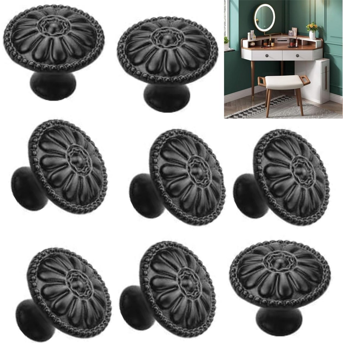 Ibenzoa® Vintage Zwarte Meubelknoppen Set van 8 met Bloemenpatroon voor Diverse Kasten en Meubilair
