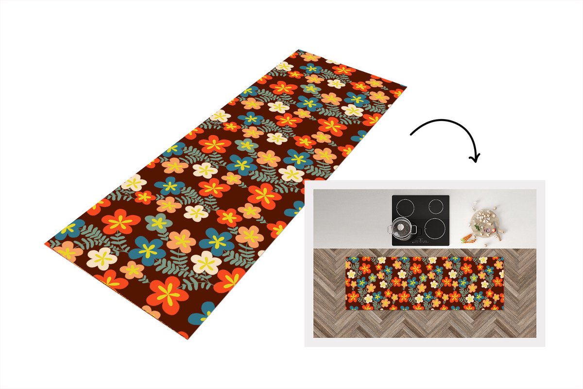 KitchenYeah Keukenloper 150x50 cm - Keukenmat vinyl Retro - Patronen - Bloemen - Jaren 70 - Keukenmatten loper - Keuken vloerkleed tapijt