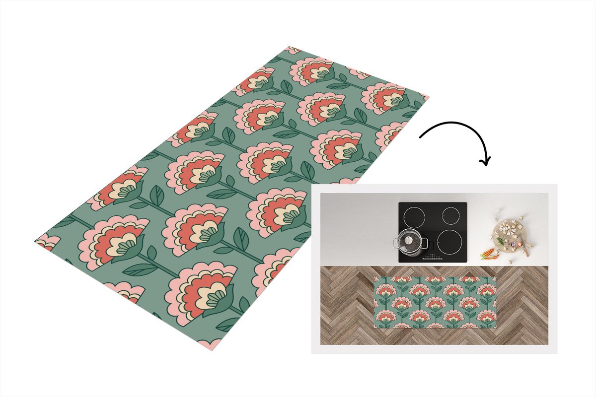 KitchenYeah Keukenloper 120x50 cm - Keukenmat vinyl Bloemen - Retro - Patronen - Keukenmatten loper - Keuken vloerkleed tapijt
