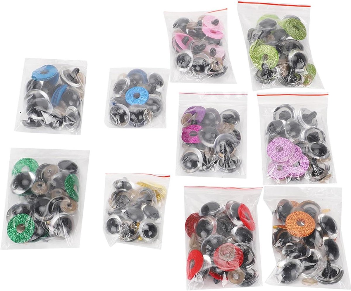 Allecto Premium - Poppenogen Set - 300 stuks Teddyogen - Glitter Kleurrijk - Kunststof - Inclusief veiligheidsogen en sluitringen - 10 kleuren - 18 mm