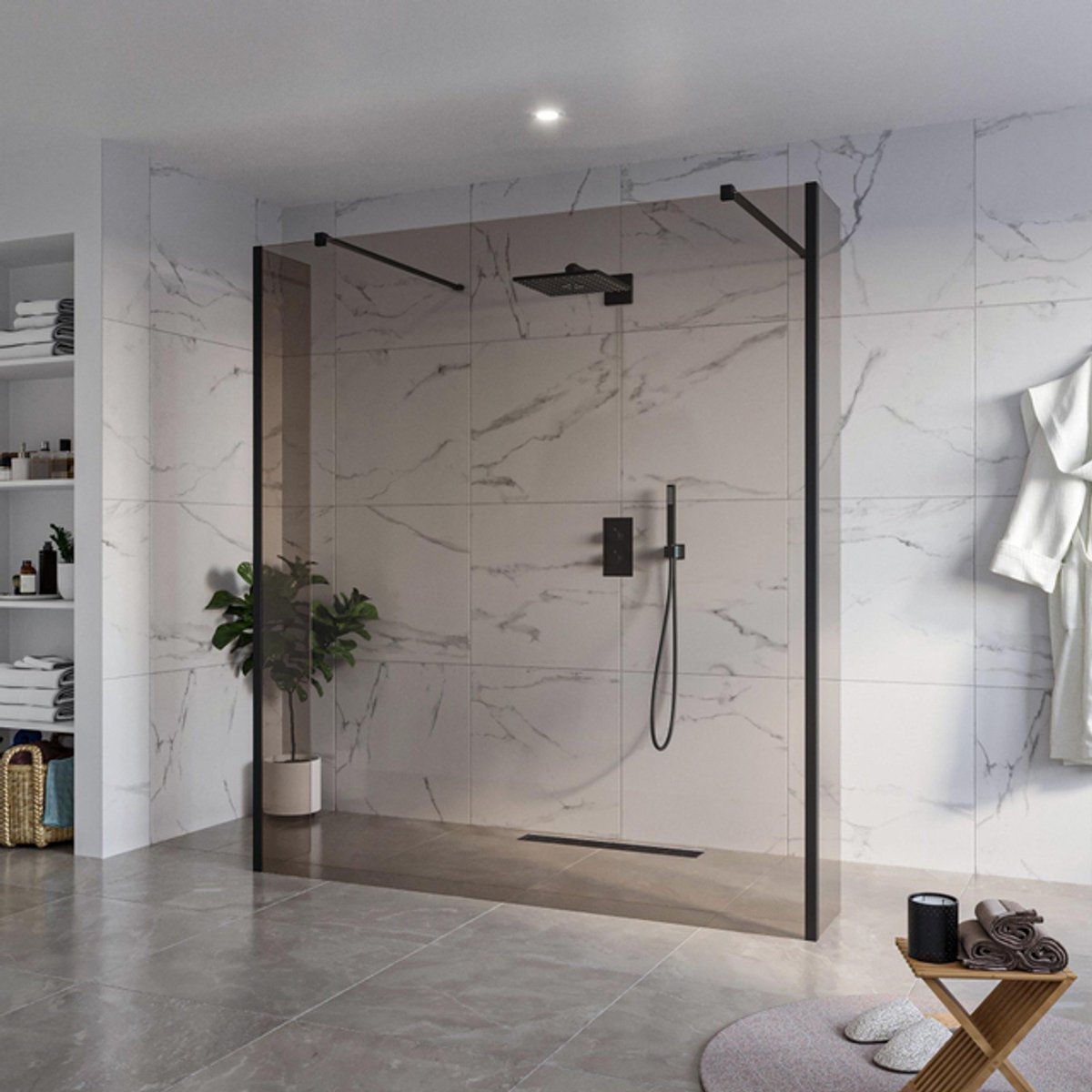 FugaFlow Eccelente Vetro Vrijstaande inloopdouche badkamer - 180x200cm - Rookglas - antikalk - 8mm veiligheidsglas - 2 zijwanden 30cm - met wandarmen en hoekprofielen - Zwart mat -