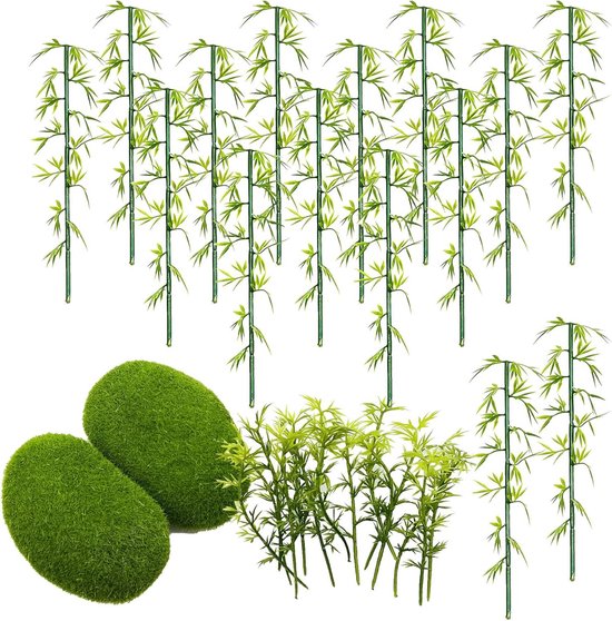 Model bamboebomen - 30 stuks miniatuur bamboebomen voor huisdecoratie en sprookjestuinen met groene plastic en kunstmatige mosrotsen